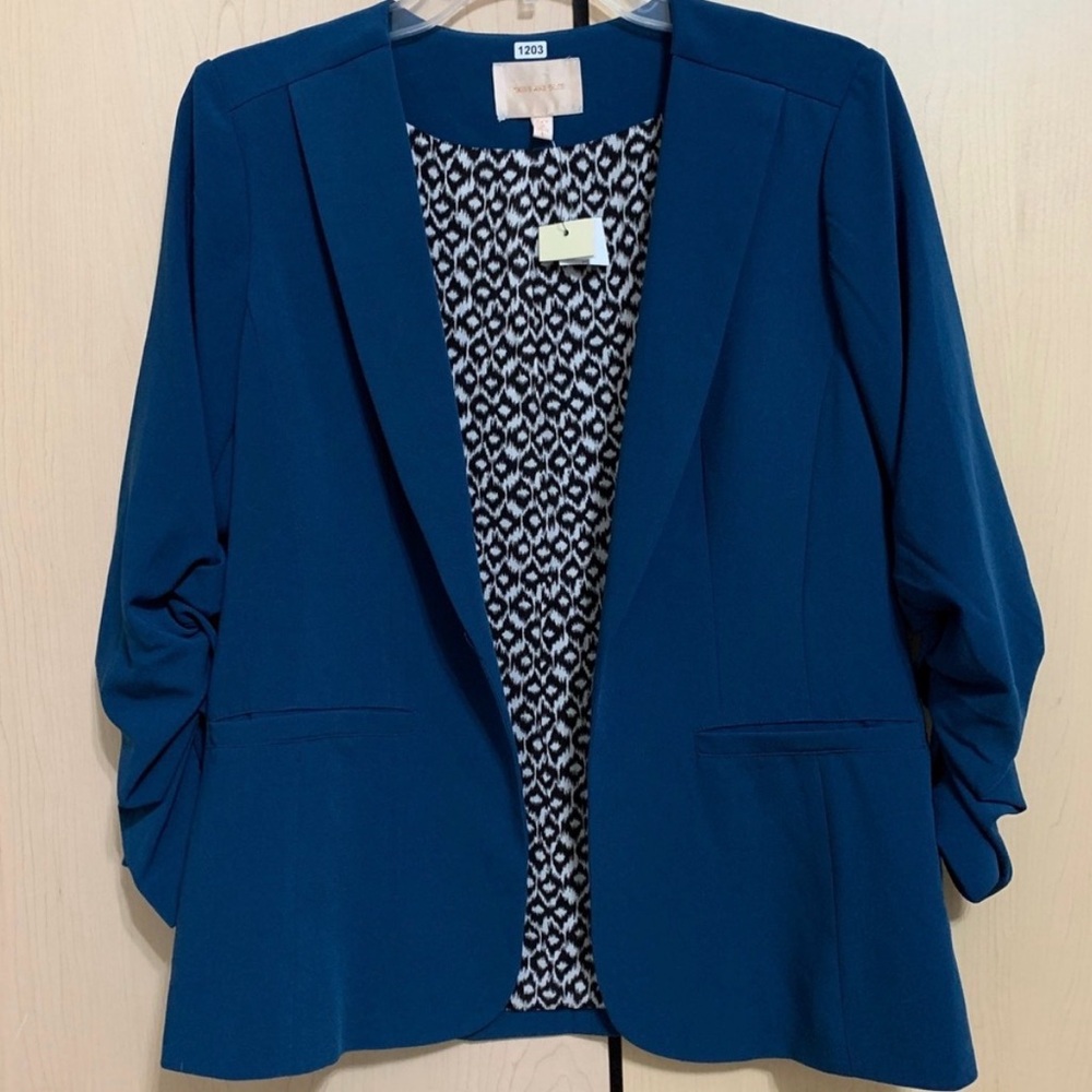NWOTSkies Are Blue Womens 3/4 Ruched Sleeve Open Lined Blazer Teal Green Size L